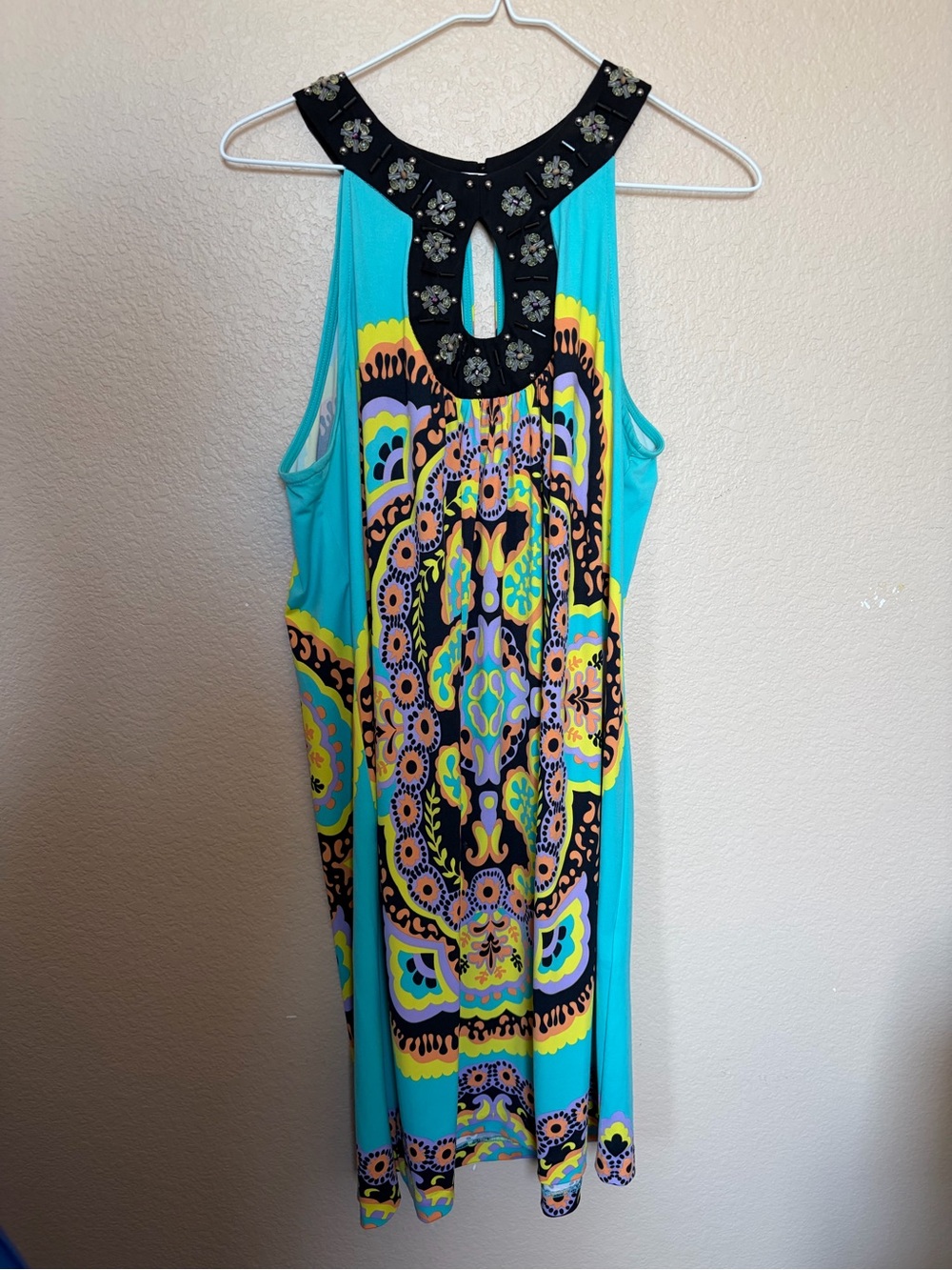 Sleeveless Aqua Boho Print Keyhole Dress